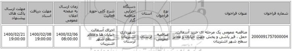 مناقصه عمومی یک مرحله ای خرید آسفالت، حمل ، قیر پاشی و پخش جهت خیابان و معابر سطح شهر اشترینان