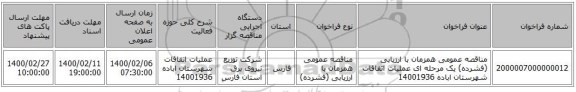 مناقصه عمومی همزمان با ارزیابی (فشرده) یک مرحله ای عملیات اتفاقات شهرستان اباده 14001936