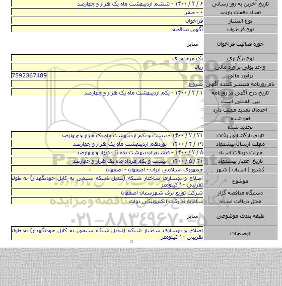 اصلاح و بهسازی ساختار شبکه (تبدیل شبکه سیمی به کابل خودنگهدار) به طول تقریبی ۱۰ کیلومتر