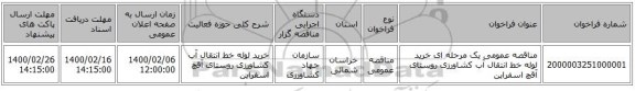مناقصه عمومی یک مرحله ای خرید لوله خط انتقال آب کشاورزی روستای آقچ اسفراین