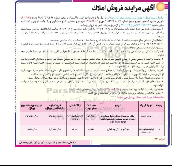 مزایده فروش یک واحد اداری و یک واحد تجاری