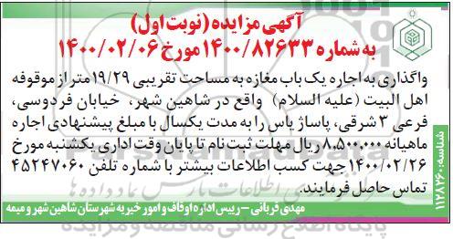 مزایده، واگذاری به اجاره یک باب مغازه
