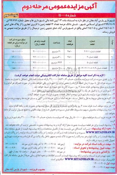مزایده فروش شش دانگ عرصه تعداد 12 قطعه زمین با کاربری تجاری