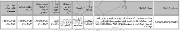 مناقصه عمومی یک مرحله ای تجدید مناقصه خدمات امور فنی ،سامانه 131و راننده های گشت حفظ کاربری مدیریت اموراراضی و شهرستانهای تابعه سازمعمومی یک مرحله ای 
