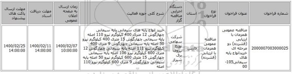 مناقصه عمومی همزمان با ارزیابی (فشرده) دو مرحله ای خریدانواع پایه های سیمانی105-00