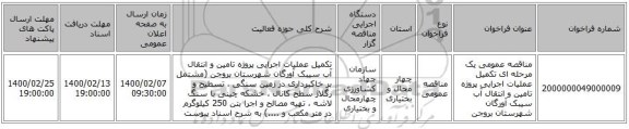 مناقصه عمومی یک مرحله ای تکمیل عملیات اجرایی پروژه تامین و انتقال آب سیبک  آورگان شهرستان بروجن