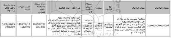 مناقصه عمومی یک مرحله ای خرید لوازم و اجرای پروژه گازرسانی داخل مجتمع گلخانه ای بلداجی ،شامل خرید لوازم ،  اجرای کار شبکه پلی اتیلن توزیع گاز و ساخت و