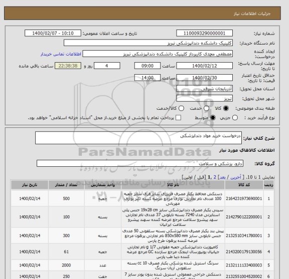 استعلام درخواست خرید مواد دنداپزشکی