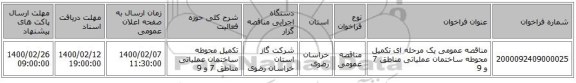 مناقصه عمومی یک مرحله ای تکمیل محوطه ساختمان عملیاتی مناطق 7 و 9