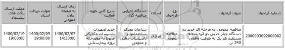 مناقصه عمومی دو مرحله ای خرید دو دستگاه چیلر جذبی دو اثره شعله مستقیم هر یک به ظرفیت واقعی 240 تن