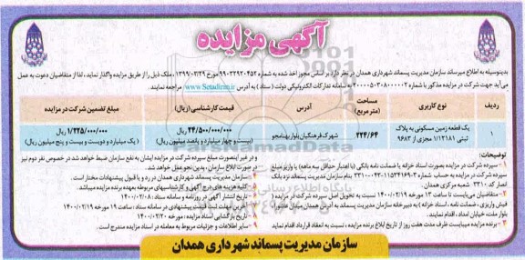 مزایده یک قطعه زمین مسکونی به پلاک ثبتی 1.12181 مجزی از 9683 