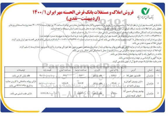 مزایده فروش املاک و مستغلات در استان مازندران