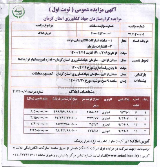 مزایده فروش املاک با کاربری تجاری 