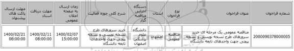 مناقصه عمومی یک مرحله ای خرید سرورهای طرح نسخه نویسی و نسخه پیچی جهت واحدهای تابعه دانشگاه