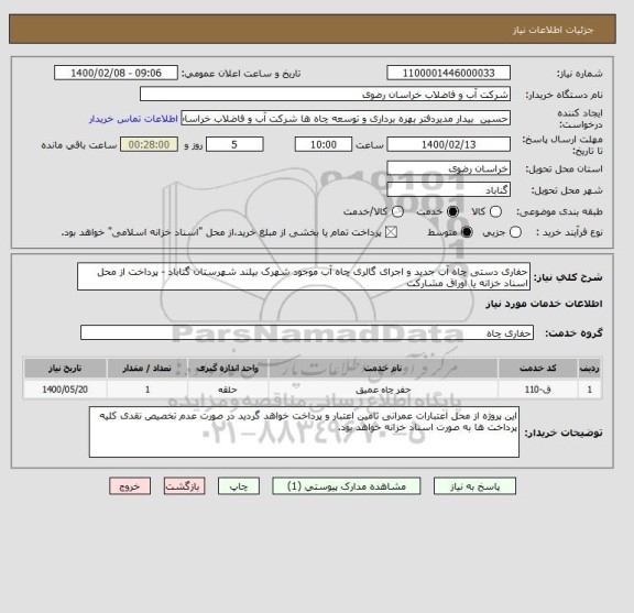 استعلام حفاری دستی چاه آب جدید و اجرای گالری چاه آب موجود شهرک بیلند شهرستان گناباد - پرداخت از محل اسناد خزانه یا اوراق مشارکت