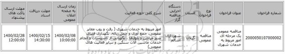 مناقصه عمومی یک مرحله ای امور مربوط به خدمات شهری
