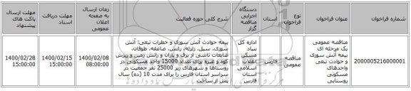 مناقصه عمومی یک مرحله ای بیمه آتش سوزی و حوادث تبعی واحدهای مسکونی روستایی
