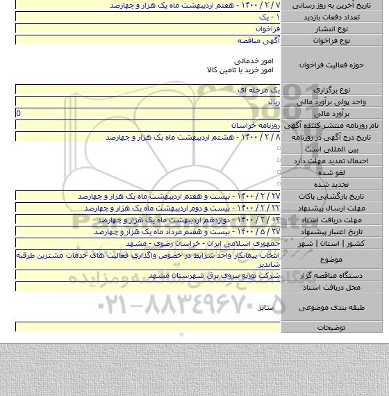انتخاب پیمانکار واجد شرایط در خصوص واگذاری فعالیت های خدمات مشترین طرقبه شاندیز