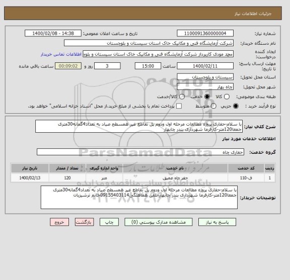 استعلام با سلام-حفاری پروژه مطالعات مرحله اول ودوم پل تقاطع غیر همسطح صیاد به تعداد4گمانه30متری جمعا120متر-کارفرما شهرداری بندر چابهار