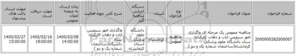 مناقصه عمومی یک مرحله ای واگذاری امور سرویس ایاب و ذهاب کارکنان ستاد دانشگاه علوم پزشکی کرمانشاه(ساختمان شماره یک و دو )