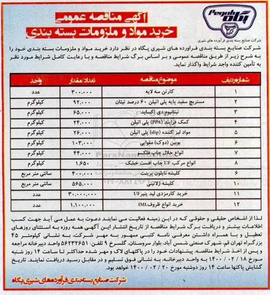 اگهی مناقصه عمومی ,مناقصه خرید مواد و ملزومات بسته بندی 