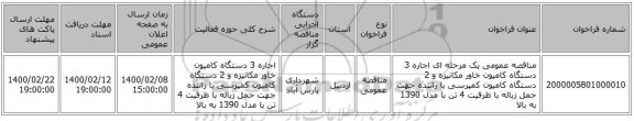 مناقصه عمومی یک مرحله ای اجاره 3 دستگاه کامیون خاور مکانیزه و  2 دستگاه کامیون کمپرسی  با راننده جهت حمل زباله با ظرفیت 4 تن با مدل 1390 به بالا