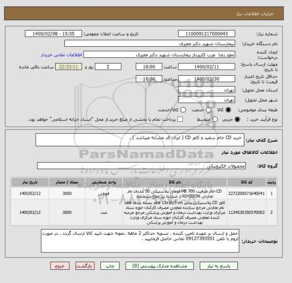 استعلام  خرید CD خام سفید و کاور CD ( ایران کد مشابه میباشد ) . 