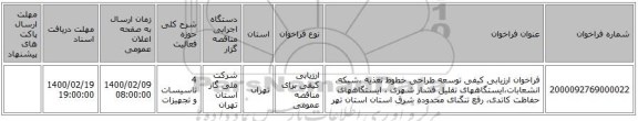 فراخوان ارزیابی کیفی توسعه طراحی خطوط تغذیه ،شبکه، انشعابات،ایستگاههای تقلیل فشار شهری ، ایستگاههای حفاظت کاتدی، رفع تنگنای محدوده شرق استان  استان تهر