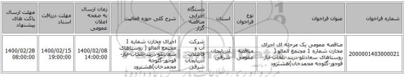 مناقصه عمومی یک مرحله ای اجرای مخازن شماره 1 مجتمع آلمالو ( روستاهای سعادتلو-دربند-تلخاب-ایاز-قوجور-گلوجه محمدخان)هشترود