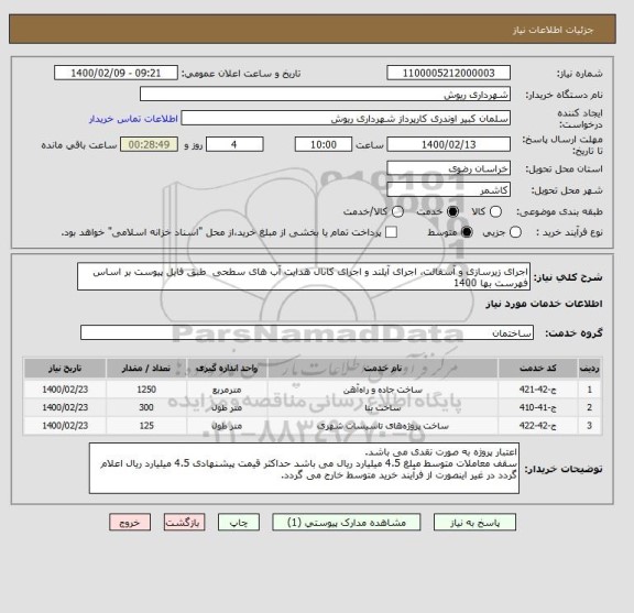 استعلام اجرای زیرسازی و آسفالت، اجرای آیلند و اجرای کانال هدایت آب های سطحی  طبق فایل پیوست بر اساس فهرست بها 1400