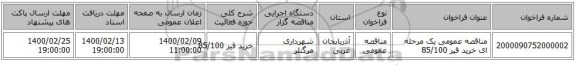 مناقصه عمومی یک مرحله ای خرید قیر 85/100