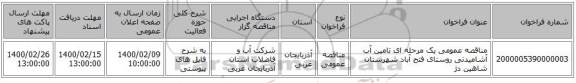 مناقصه عمومی یک مرحله ای تامین آب آشامیدنی روستای فتح آباد شهرستان شاهین دژ