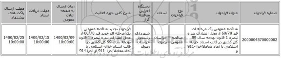 مناقصه عمومی یک مرحله ای  قیر 60/70 از محل اعتبارات بند ه تبصره 1 قانون بودجه سال 99 کل کشور در قالب اسناد خزانه اسلامی با نماد معاملااخزا -911 و 