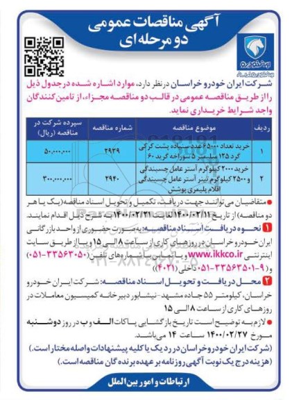 مناقصه خرید تعداد 65000 عدد سبناده....
