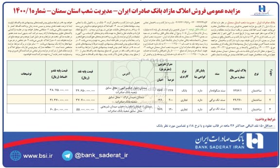 مزایده مزایده فروش املاک مازاد بانک و تجاری