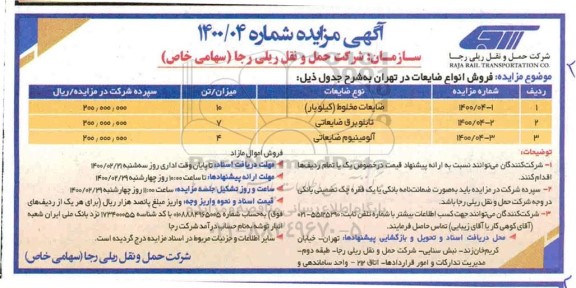 مزایده، مزایده فروش انواع ضایعات