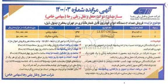 مزایده، مزایده فروش تعداد 2 دستگاه انواع خودروهای قابل شماره گذاری