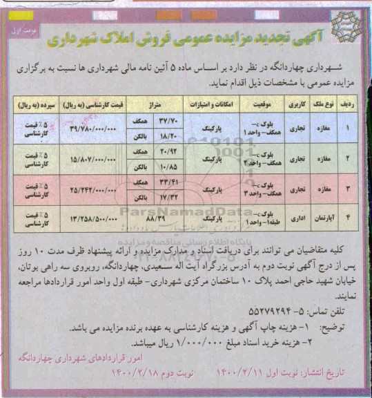 مزایده ،مزایده تجدید فروش املاک با کاربری تجاری و اداری نوبت اول 