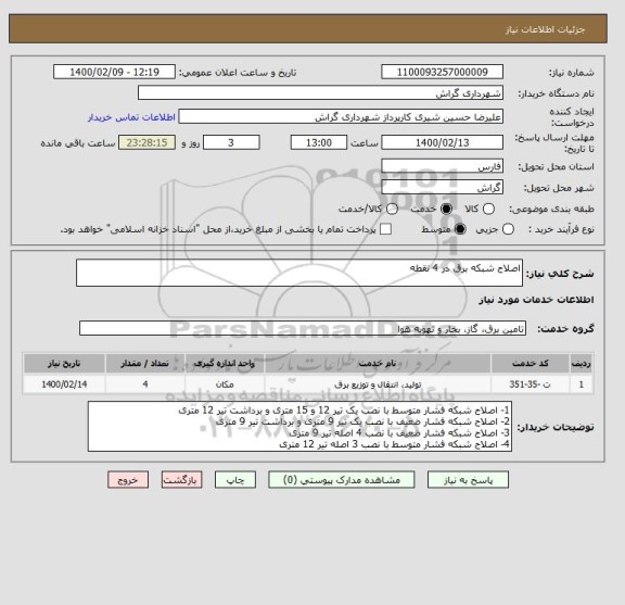 استعلام اصلاح شبکه برق در 4 نقطه