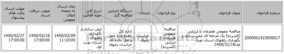 مناقصه عمومی همزمان با ارزیابی (فشرده) یک مرحله ای ایمن سازی و نگهداری راههای استان نوبت اول1400/31/18