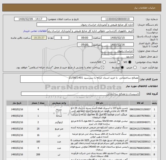 استعلام مصالح ساختمانی  با خرید اسناد خزانه با سررسید 21/06/1401
