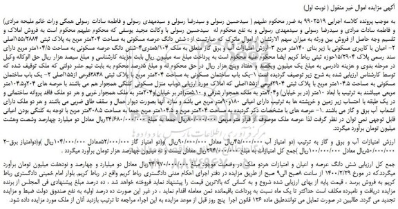 مزایده،مزایده فروش شش دانگ عرصه مسکونی به مساحت 204متر مربع به پلاک ثبتی 155/2884اصلی و...