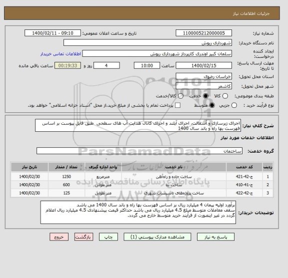 استعلام اجرای زیرسازی و آسفالت، اجرای آیلند و اجرای کانال هدایت آب های سطحی  طبق فایل پیوست بر اساس فهرست بها راه و باند سال 1400