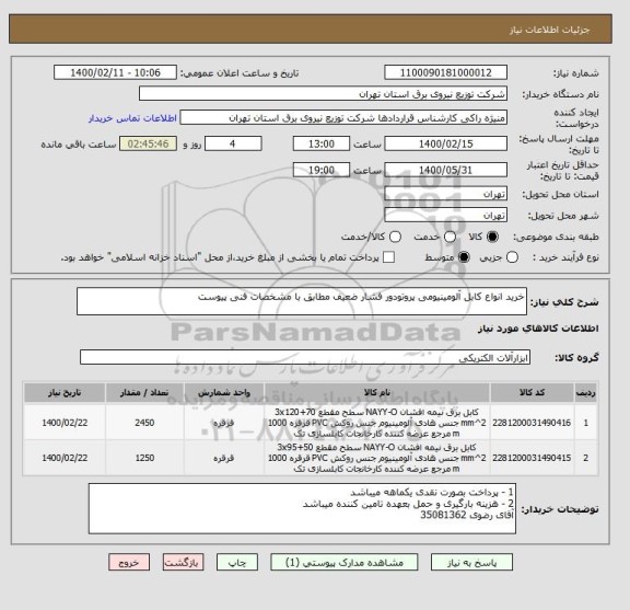 استعلام خرید انواع کابل آلومینیومی پروتودور فشار ضعیف مطابق با مشخصات فنی پیوست 