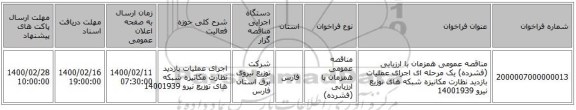 مناقصه عمومی همزمان با ارزیابی (فشرده) یک مرحله ای اجرای عملیات بازدید نظارت مکانیزه شبکه های توزیع نیرو 14001939