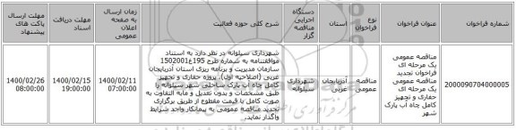 مناقصه عمومی یک مرحله ای فراخوان تجدید مناقصه عمومی یک مرحله ای حفاری و تجهیز کامل چاه آب پارک شهر