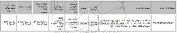 مناقصه عمومی یک مرحله ای امور مربوط به حفظ و نگهداری فضای سبز، رفت و روب شهری، جمع آوری پسماندهای خانگی و حمل تا مخزن زباله