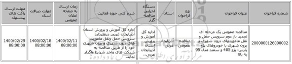 مناقصه عمومی یک مرحله ای تجدید بار دوم سرویس حمل و نقل ماموریتهای درون شهری و برون شهری با خودروهای پژو پارس- پژو 405 و سمند مدل 95 به بالا 