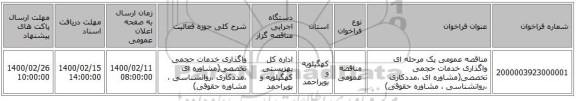 مناقصه عمومی یک مرحله ای واگذاری خدمات حجمی تخصصی(مشاوره ای ،مددکاری ،روانشناسی ، مشاوره حقوقی)