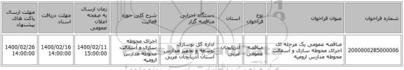 مناقصه عمومی یک مرحله ای اجرای محوطه سازی و آسفالت محوطه مدارس ارومیه